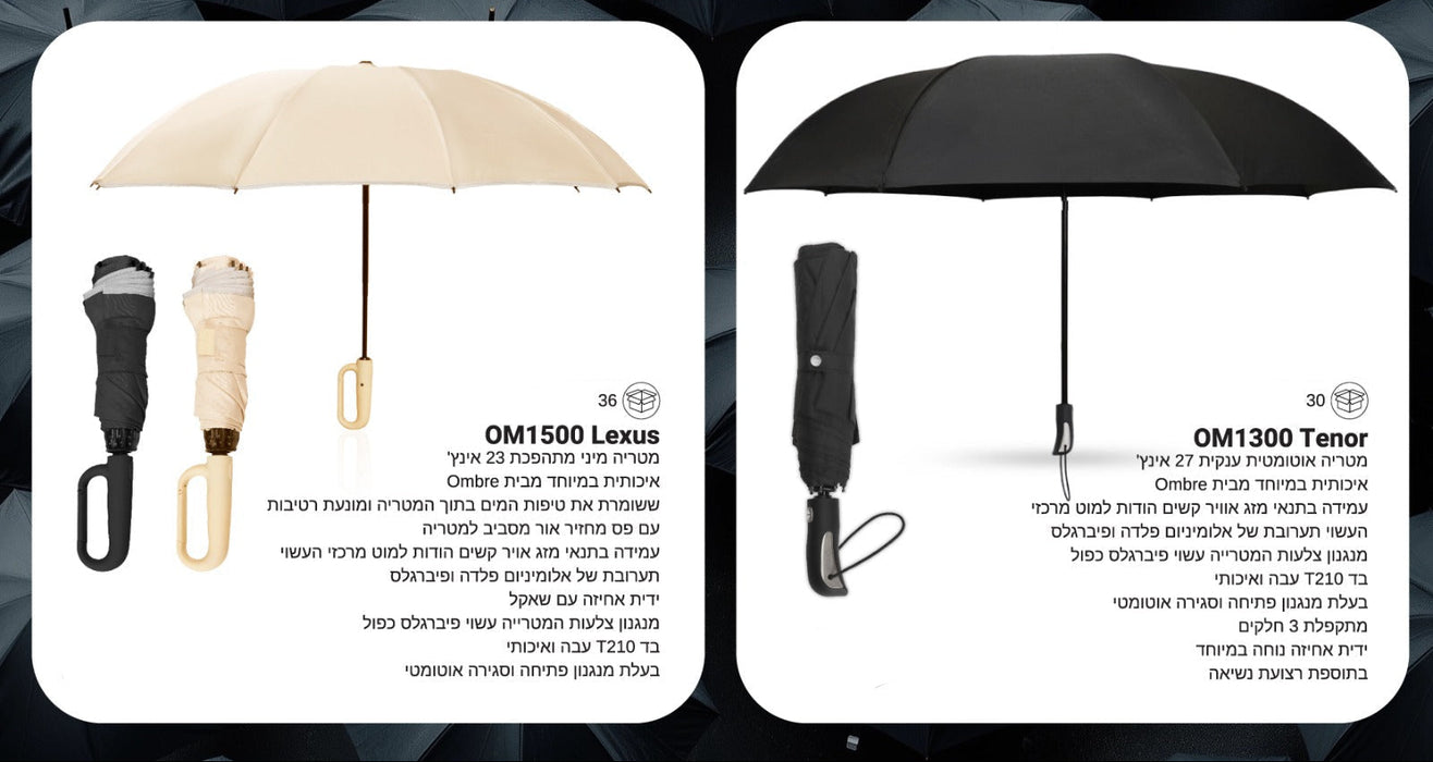 דגם 0051 • מיני רייפל
מטריה מיני מתהפכת
מטריה מיני מתהפכת 23 אינץ | OM1500 • לקסוס | מטריות ממותגות מיני מתהפכת | מטריה ממותגת מיני מתהפכת | מטריה מיני מודפסת 