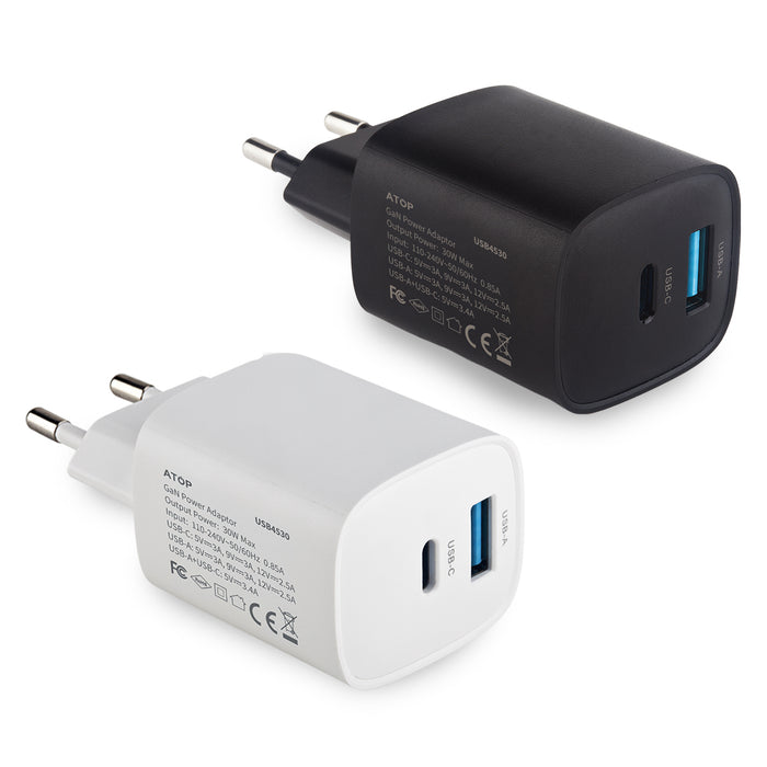מטען חשמלי, 30W , חיבור USB-A , USB-C | מק"ט: USB4530 טען חשמלי| מטען חשמלי ממותג | מטען חשמלי מודפס