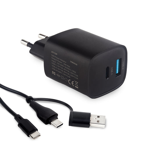 מטען חשמלי, 30W , חיבור USB-A , USB-C | מק"ט: USB4530 טען חשמלי| מטען חשמלי ממותג | מטען חשמלי מודפס