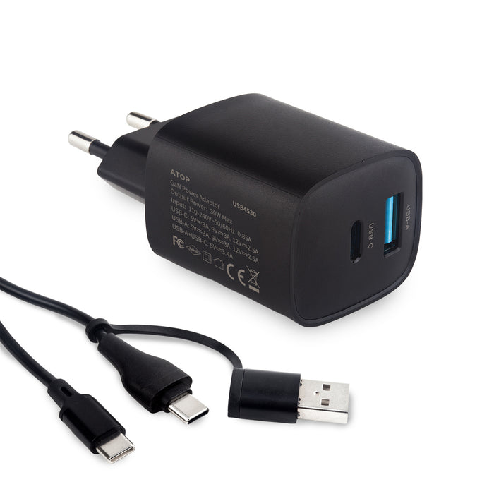 מטען חשמלי, 30W , חיבור USB-A , USB-C | מק"ט: USB4530 טען חשמלי| מטען חשמלי ממותג | מטען חשמלי מודפס