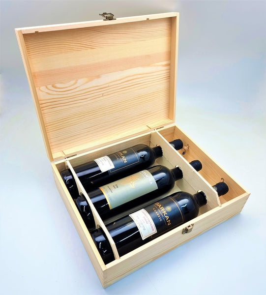 ארגז עץ ל3 יינות עם ידית נשיאה | קופסא מעץ ל3 בקבוקי יין | מארז עץ לבקבוקי יין | אריזת עץ ל3 בקבוקי יין